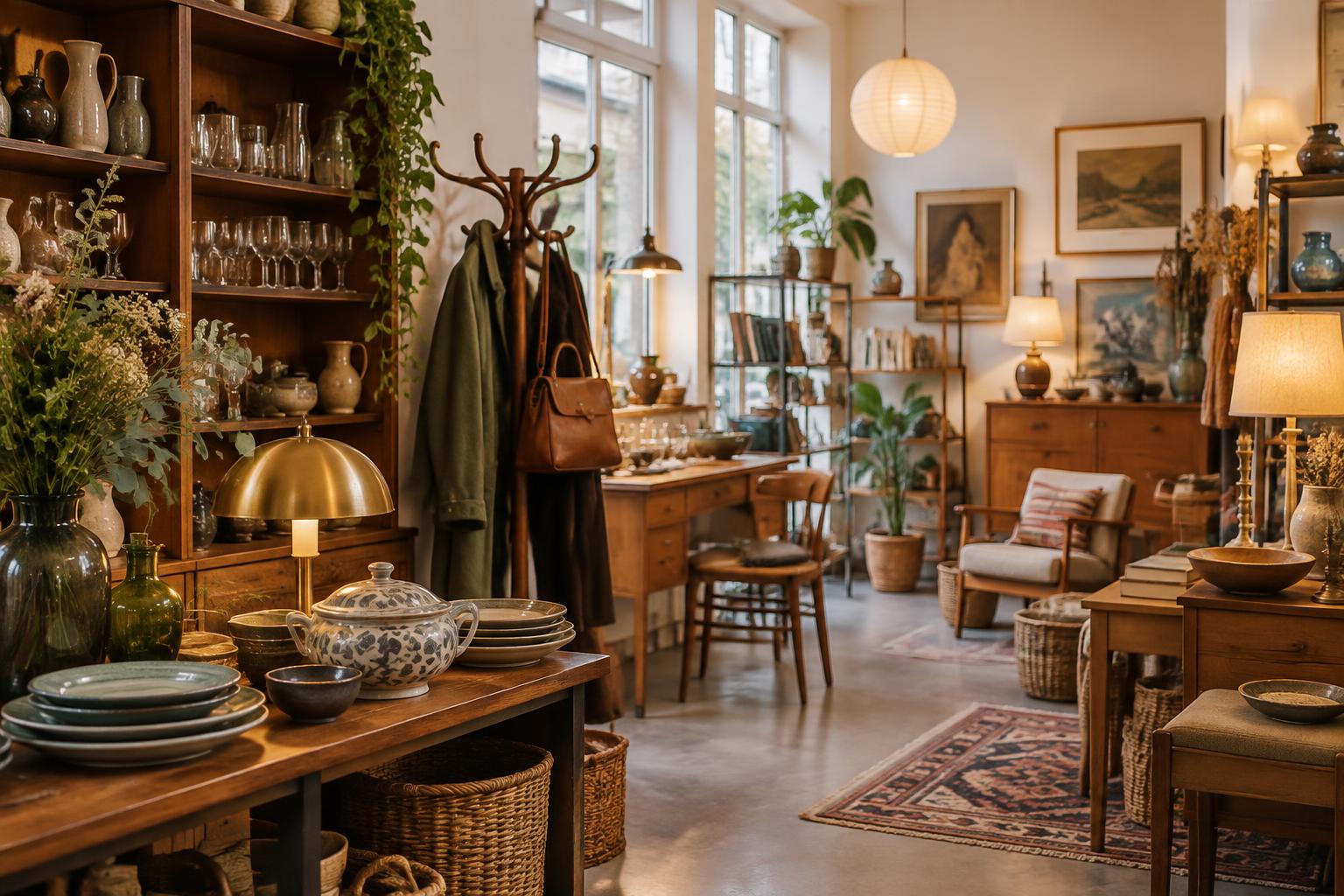 Stimmungsvoll eingerichteter Secondhand-Laden mit Möbeln, Lampen, Geschirr und besonderen Fundstücken
